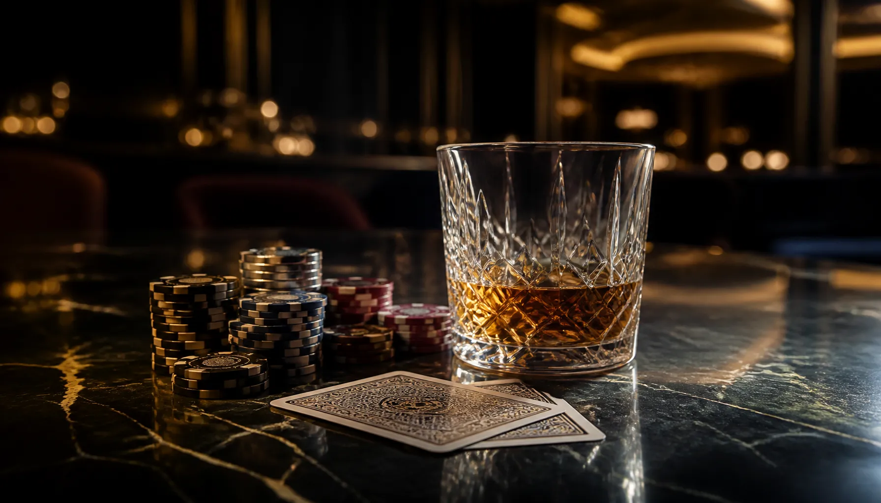 Cinematic close-up of premium casino playing cards fanned across a dark moody high-roller lounge table with jewel-toned ambie
